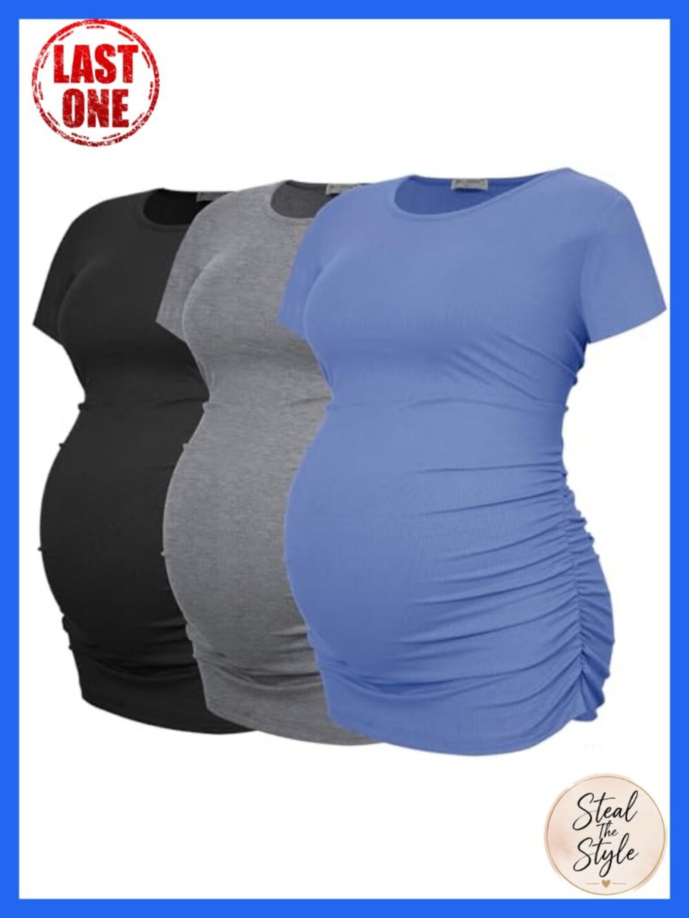 Ribbed Knit Ruched Maternity T-Shirts 3 Pack Crew Neck Short Sleeve